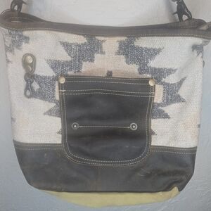 Myra Bag Canvas & Leather Crossbody Purse Tribal Print Adjustable Strap